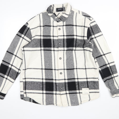 Pull & Bear Men's Black White Check Long Sleeve Button-Up Shirt L