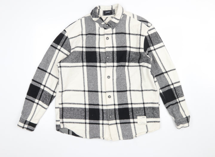 Pull & Bear Men's Black White Check Long Sleeve Button-Up Shirt L