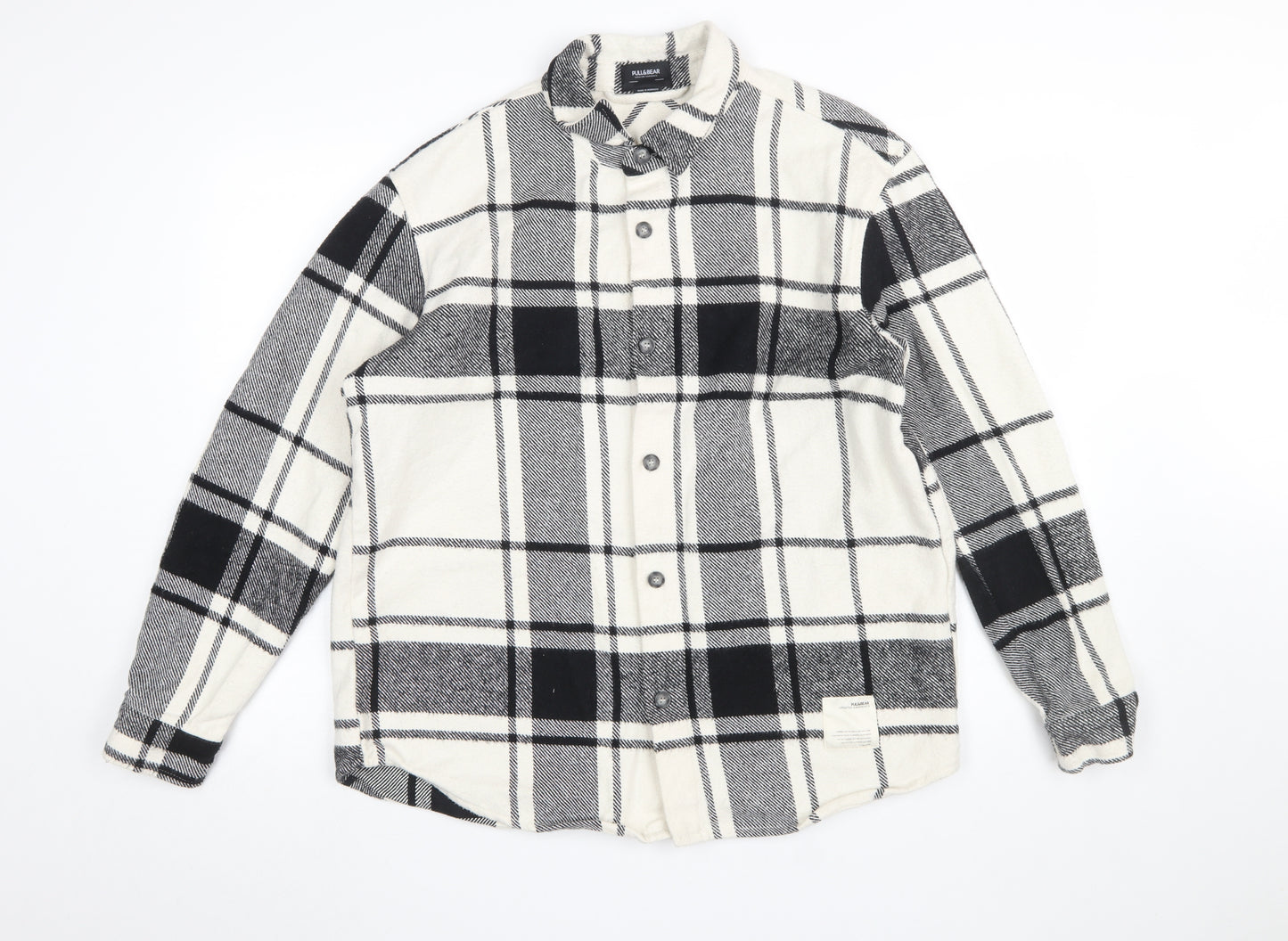Pull & Bear Men's Black White Check Long Sleeve Button-Up Shirt L