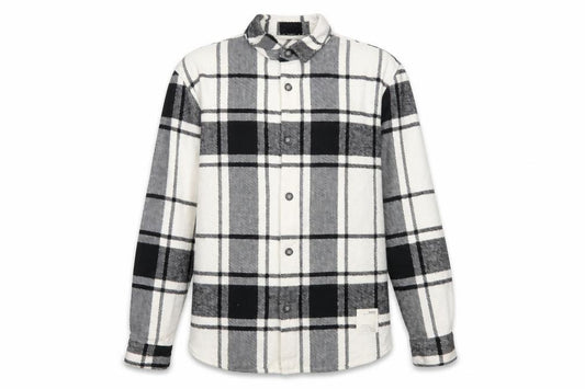Front view of Pull&Bear Men's Black White Check Long Sleeve Button-Up Shirt L