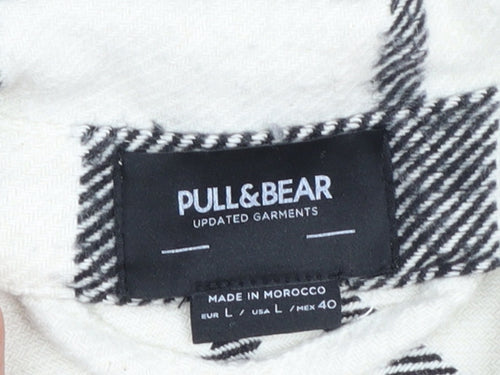 Pull & Bear Men's Black White Check Long Sleeve Button-Up Shirt L