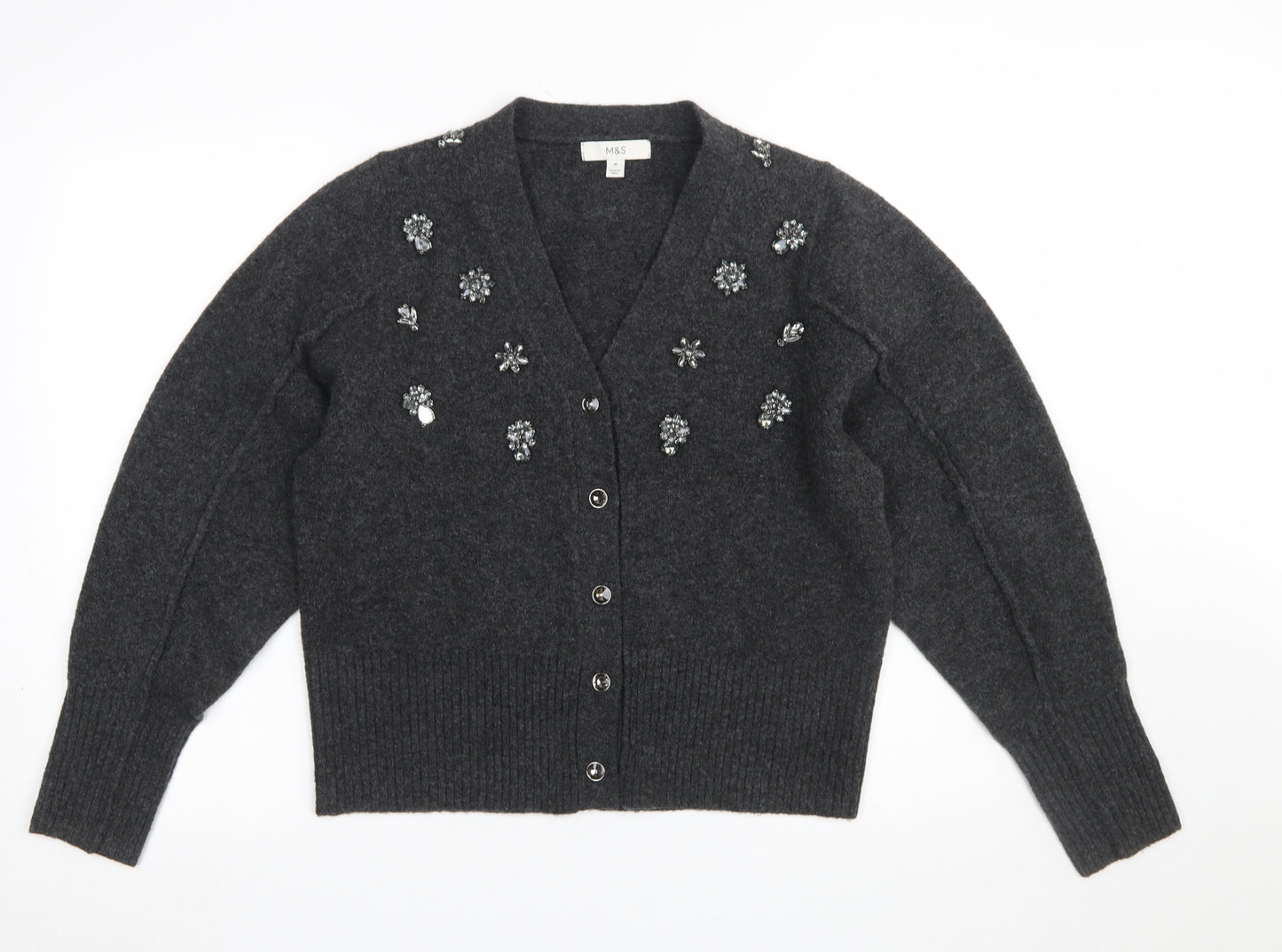 Marks and Spencer Womens Grey Beaded V-Neck Cardigan M
