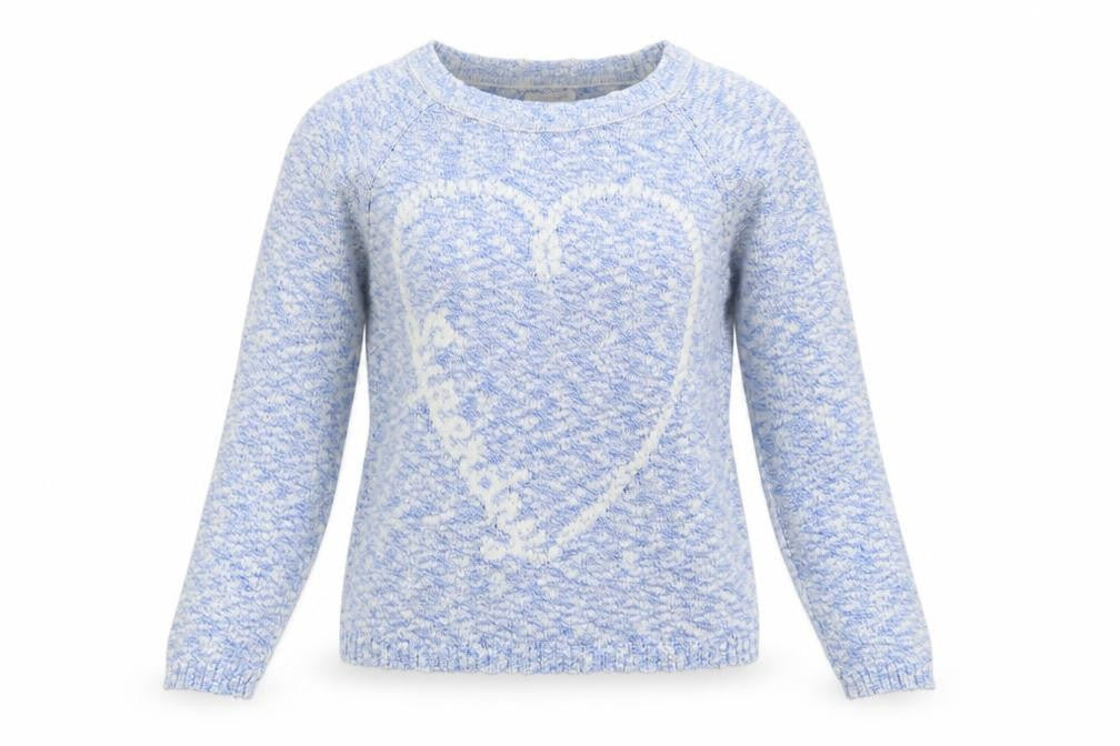 Front view of Superdry women’s blue cotton heart knit jumper, size M
