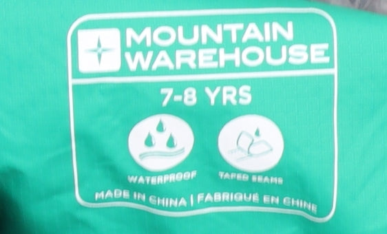 Mountain Warehouse Boys Green Hooded Waterproof Rain Coat 7-8 Years