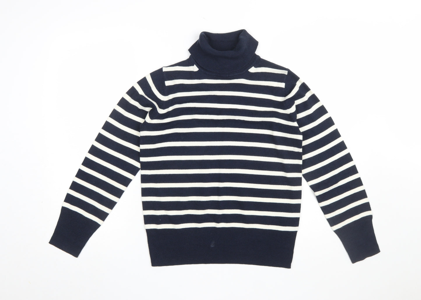 Marks and Spencer Women's Blue Striped Roll Neck Jumper Size 10