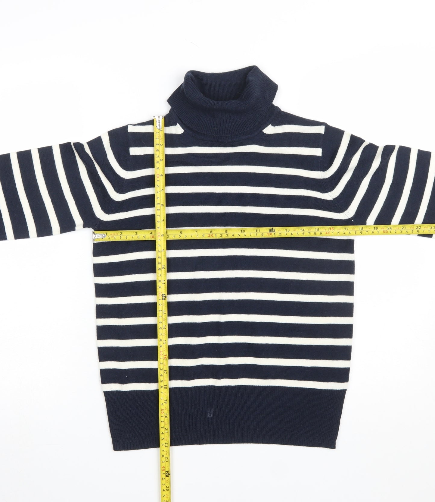 Marks and Spencer Women's Blue Striped Roll Neck Jumper Size 10