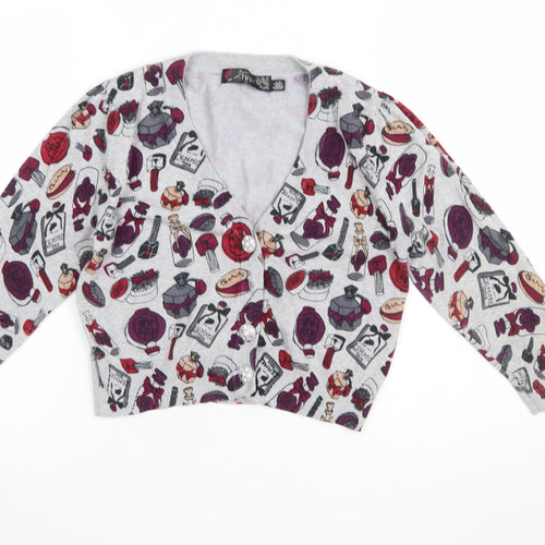 Lipstick Boutique Girls Grey Cardigan Small Makeup Print Button Front