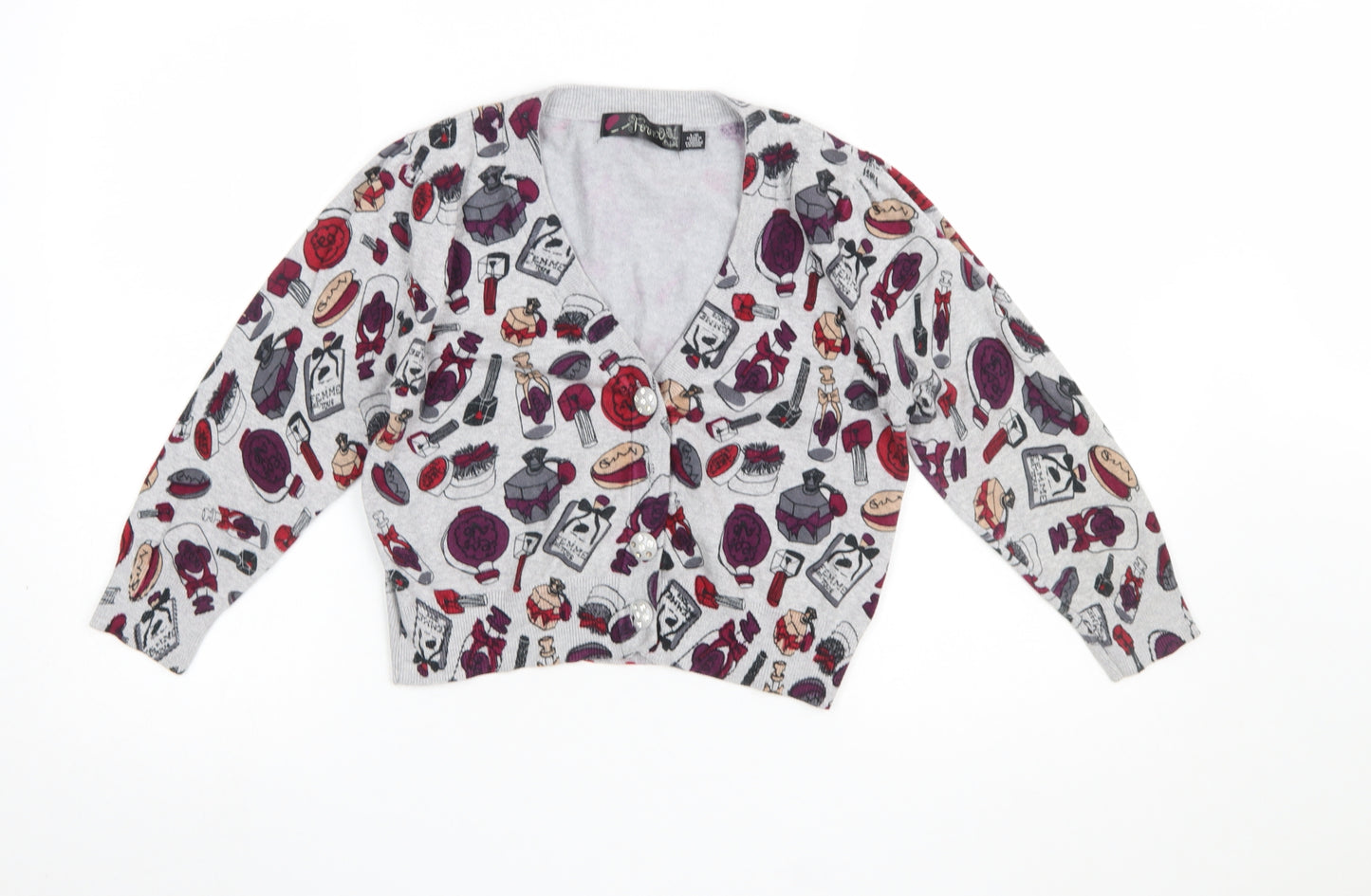 Lipstick Boutique Girls Grey Cardigan Small Makeup Print Button Front