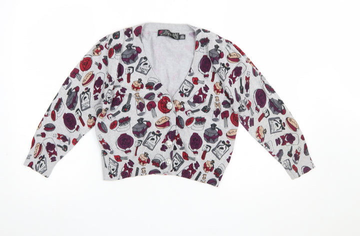 Lipstick Boutique Girls Grey Cardigan Small Makeup Print Button Front