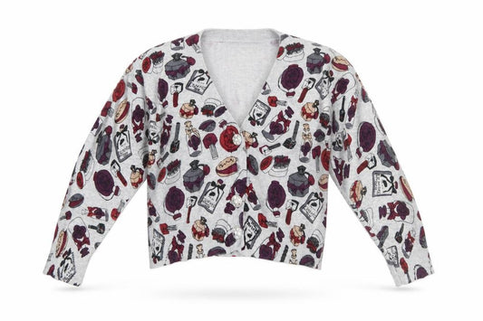 Front view of Lipstick Boutique girls’ grey cardigan small makeup print button front