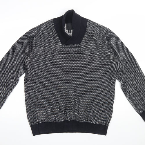 H&M Men Blue Geometric Knit Cotton V-Neck Jumper Size L
