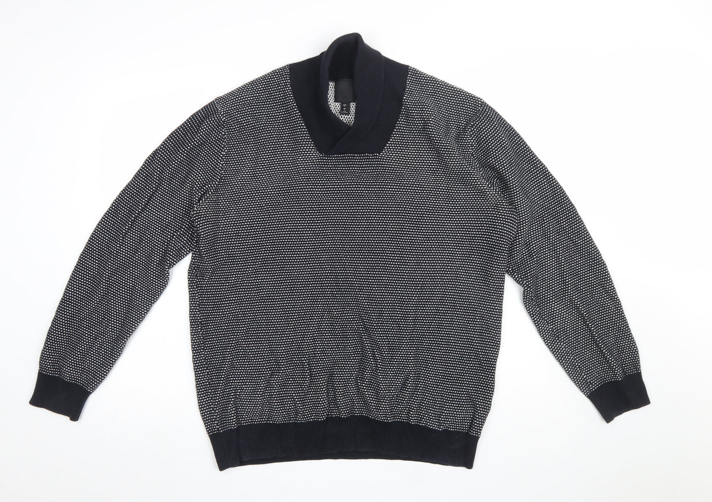 H&M Men Blue Geometric Knit Cotton V-Neck Jumper Size L