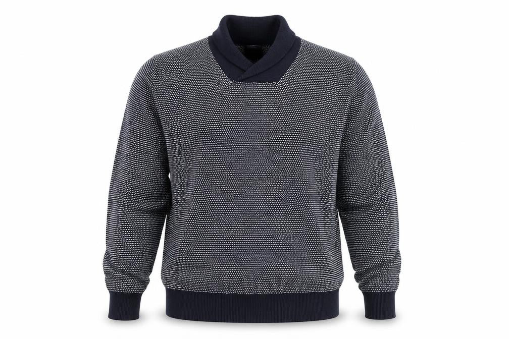 Front view of H&M Men Blue Geometric Knit Cotton V-Neck Jumper, size L