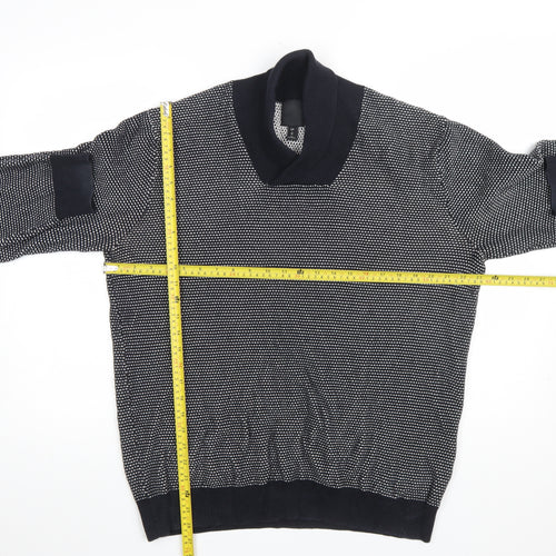 H&M Men Blue Geometric Knit Cotton V-Neck Jumper Size L