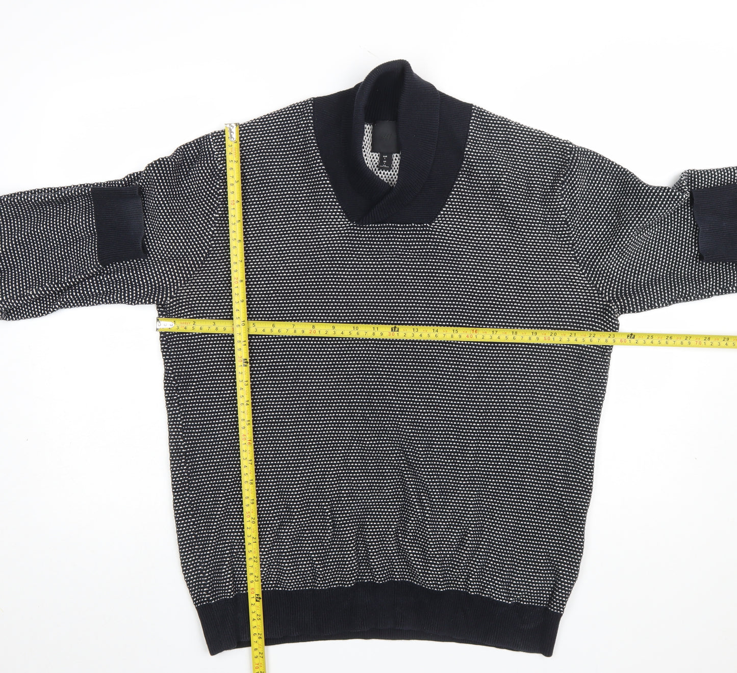 H&M Men Blue Geometric Knit Cotton V-Neck Jumper Size L