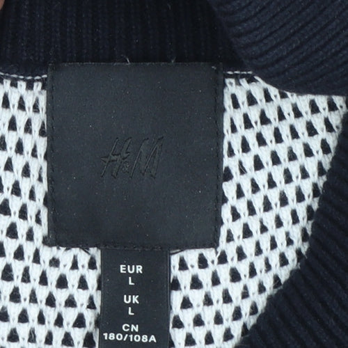 H&M Men Blue Geometric Knit Cotton V-Neck Jumper Size L
