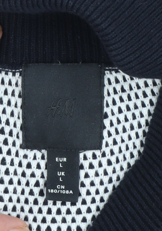 H&M Men Blue Geometric Knit Cotton V-Neck Jumper Size L