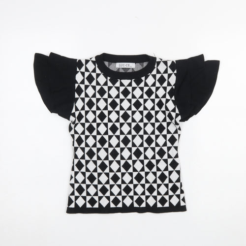 LUC-CE Girls Black & White Geometric Short Sleeve Pullover Jumper M/L