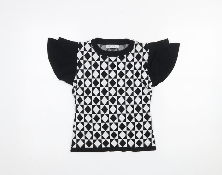 LUC-CE Girls Black & White Geometric Short Sleeve Pullover Jumper M/L