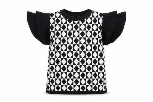 Front view of LUC-CE girls’ black & white geometric short sleeve jumper m/l