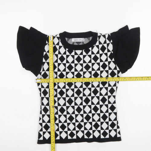 LUC-CE Girls Black & White Geometric Short Sleeve Pullover Jumper M/L
