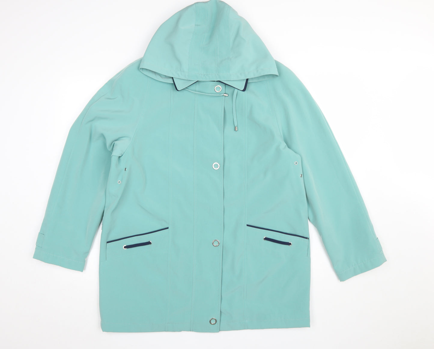 EWM Women’s Green Hooded Rain Coat Size 14 Waterproof Mid-Length