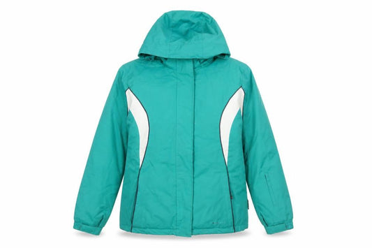 Front view of Parallel women’s green, size UK 12, ski jacket hooded waterproof winter coat
