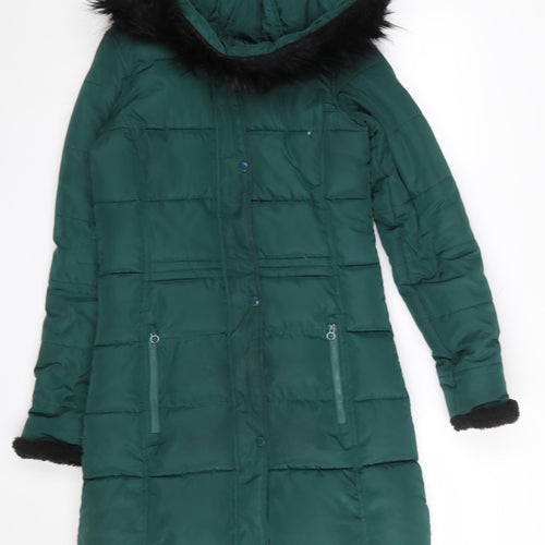 Regatta Women’s Green Long Puffer Coat Hooded Fur Trim Size 8