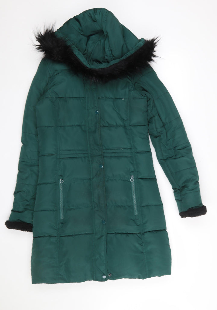 Regatta Women’s Green Long Puffer Coat Hooded Fur Trim Size 8