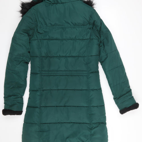 Regatta Women’s Green Long Puffer Coat Hooded Fur Trim Size 8