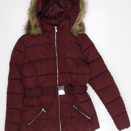 915 Generation Teens Red Hooded Puffer Jacket Size 14 Belted Warm Winter Coat