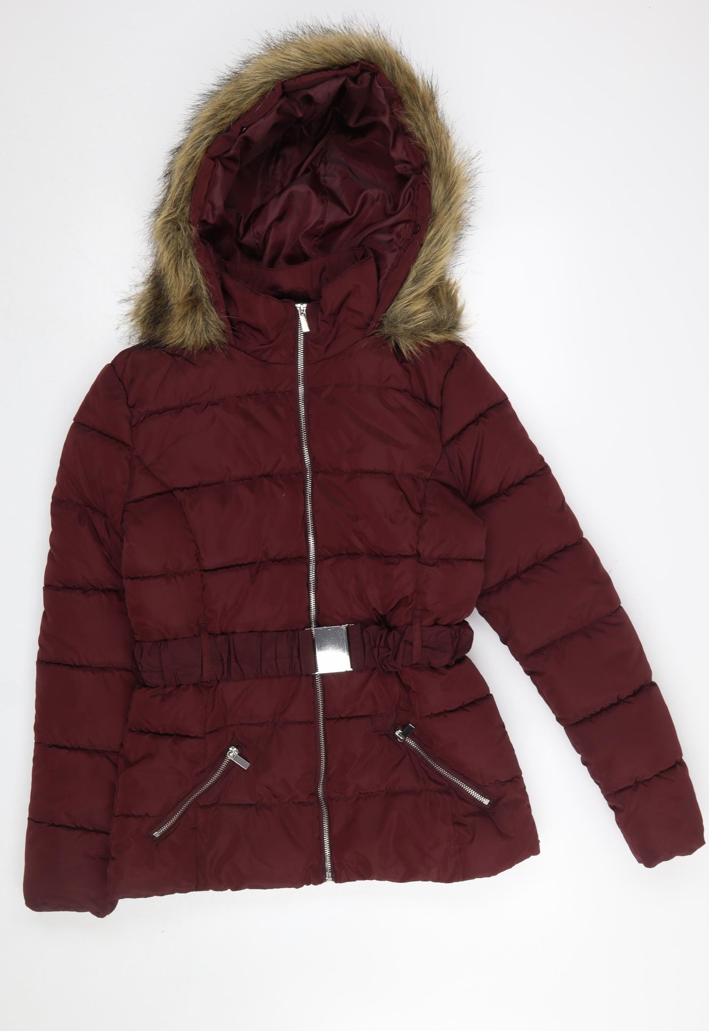 915 Generation Teens Red Hooded Puffer Jacket Size 14 Belted Warm Winter Coat