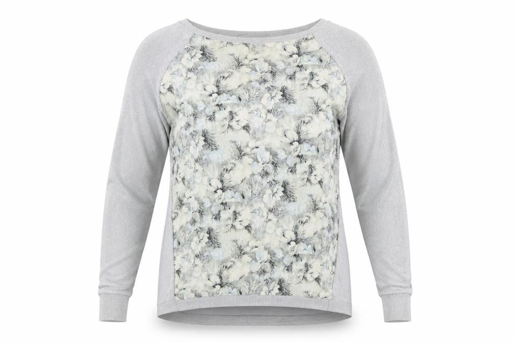 Front view of Oasis women’s grey floral metallic jumper, size S