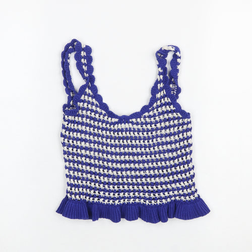 Stradivarius Women Blue Crochet Knit Ruffle Tank Top Size S