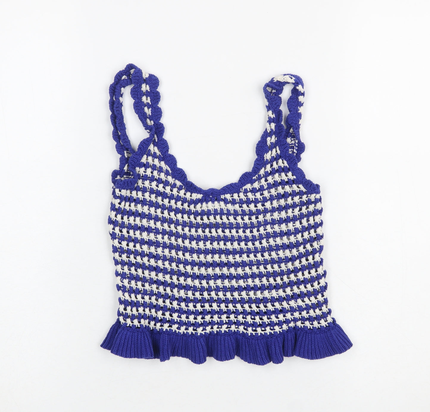 Stradivarius Women Blue Crochet Knit Ruffle Tank Top Size S