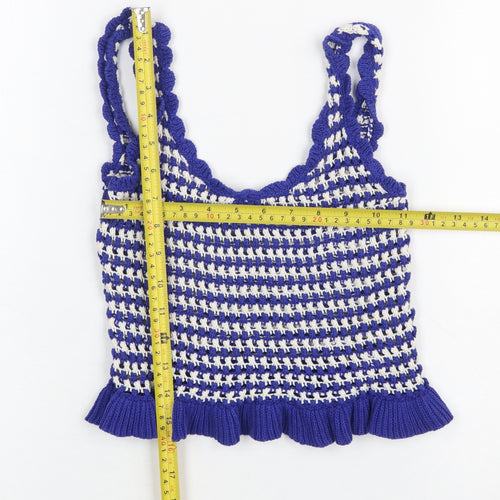 Stradivarius Women Blue Crochet Knit Ruffle Tank Top Size S
