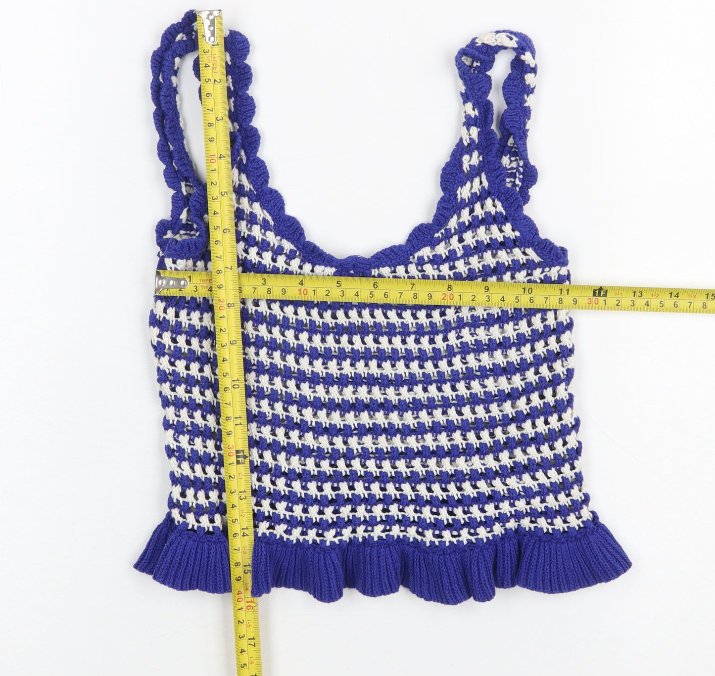 Stradivarius Women Blue Crochet Knit Ruffle Tank Top Size S