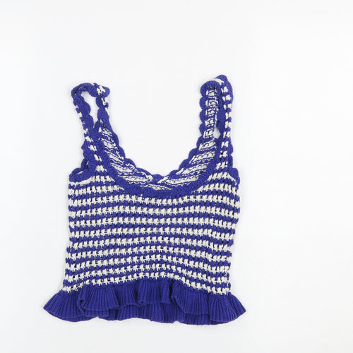 Stradivarius Women Blue Crochet Knit Ruffle Tank Top Size S