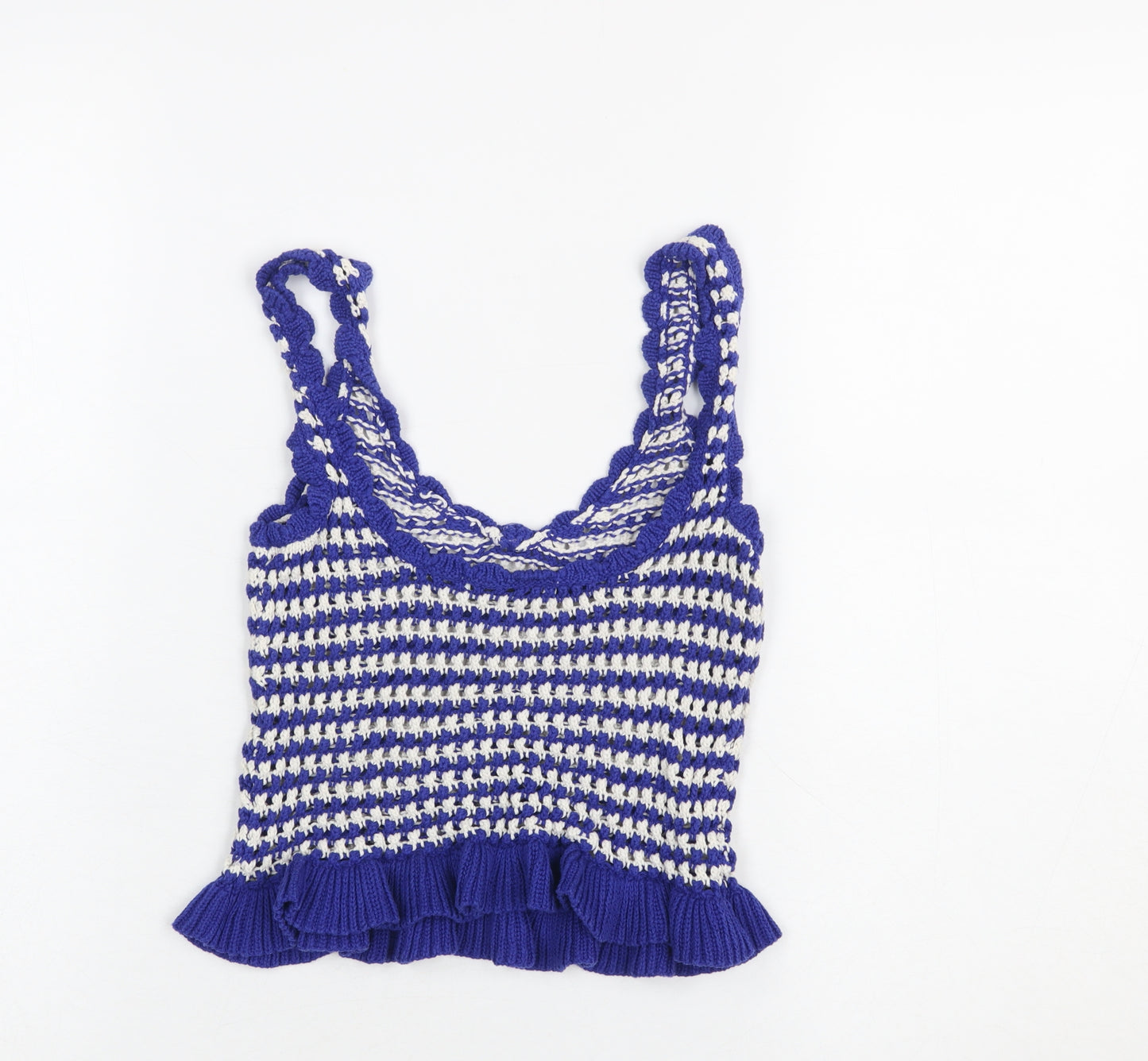 Stradivarius Women Blue Crochet Knit Ruffle Tank Top Size S