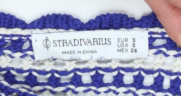 Stradivarius Women Blue Crochet Knit Ruffle Tank Top Size S