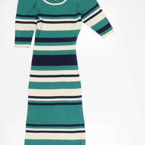 Apricot Women Green Striped Bodycon Midi Knit Dress Size 8