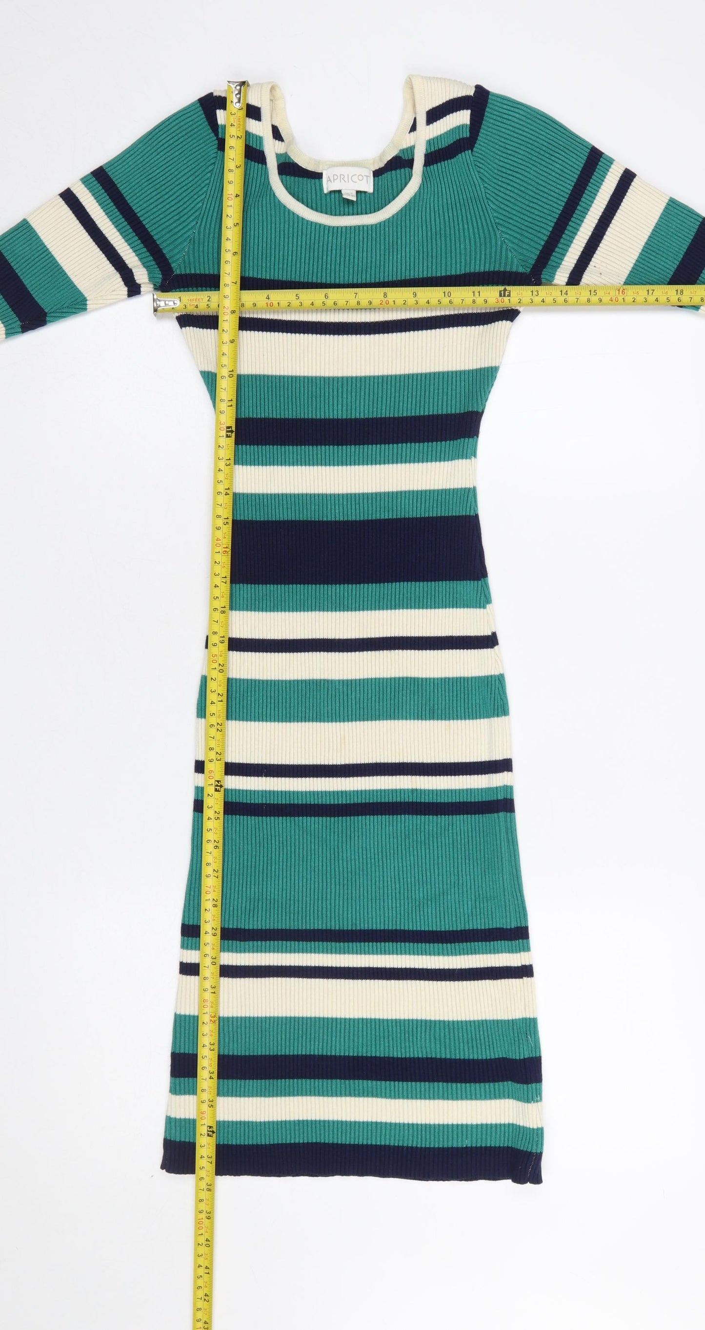 Apricot Women Green Striped Bodycon Midi Knit Dress Size 8
