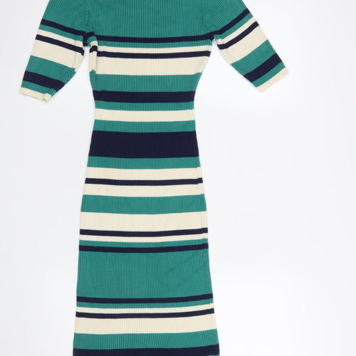 Apricot Women Green Striped Bodycon Midi Knit Dress Size 8