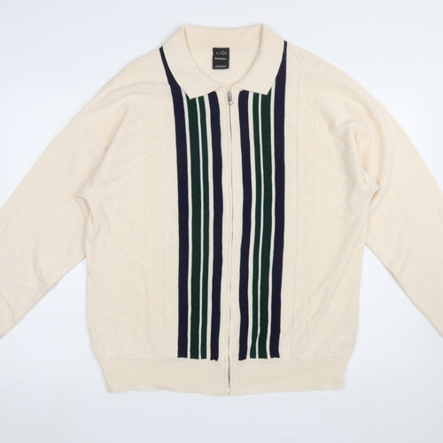 iets frans Men’s Beige Striped Full Zip Collared Jumper Size L