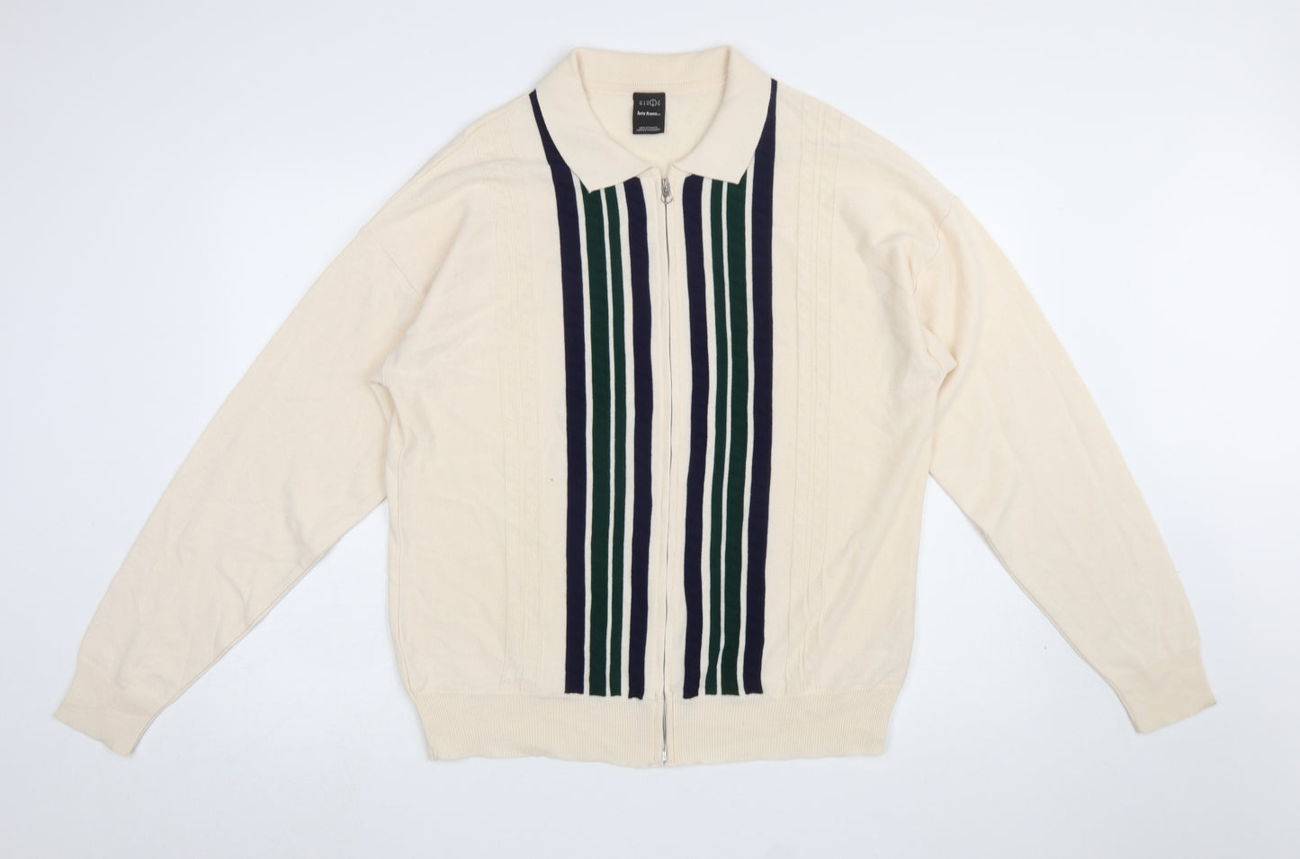 iets frans Men’s Beige Striped Full Zip Collared Jumper Size L
