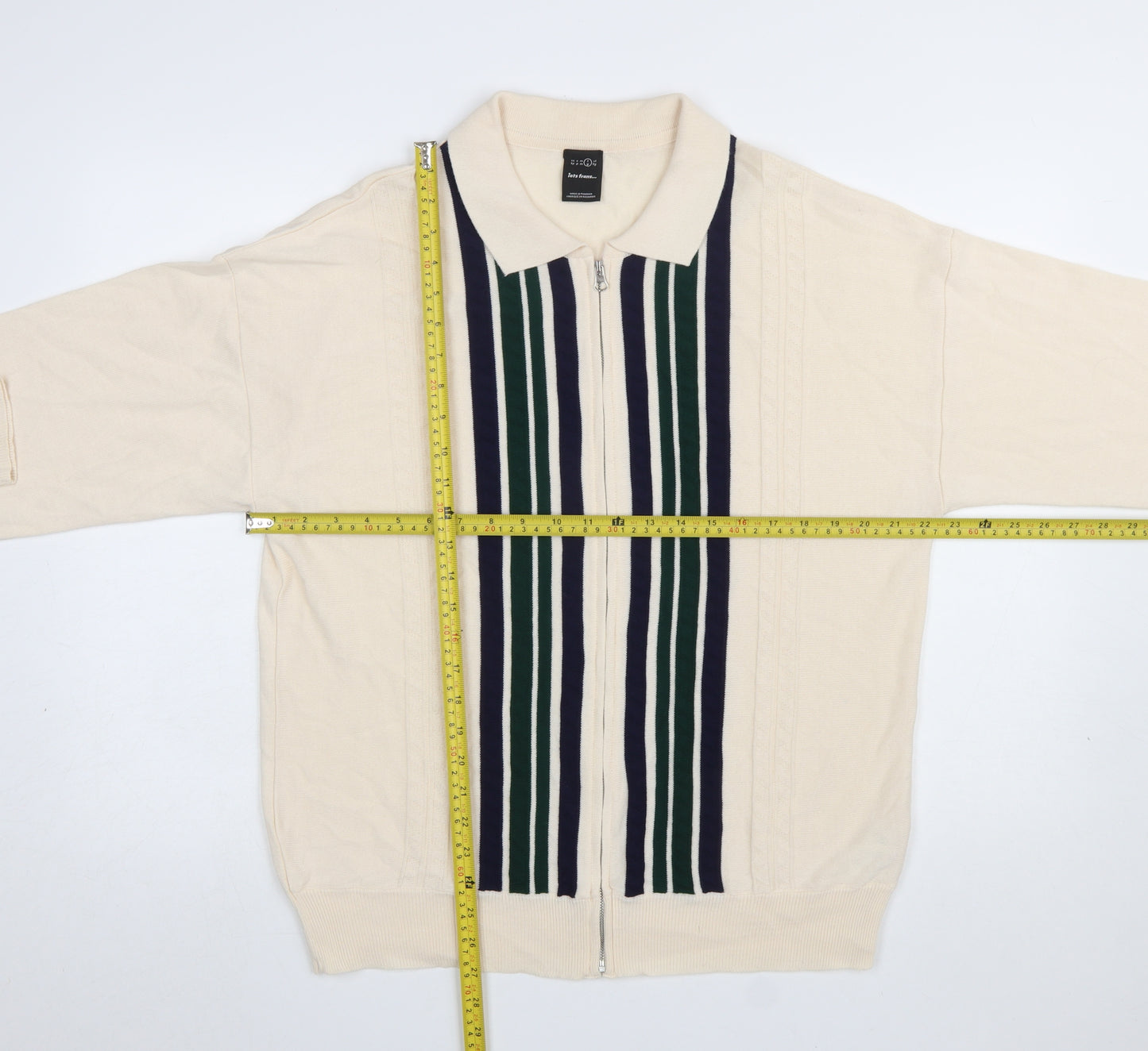 iets frans Men’s Beige Striped Full Zip Collared Jumper Size L
