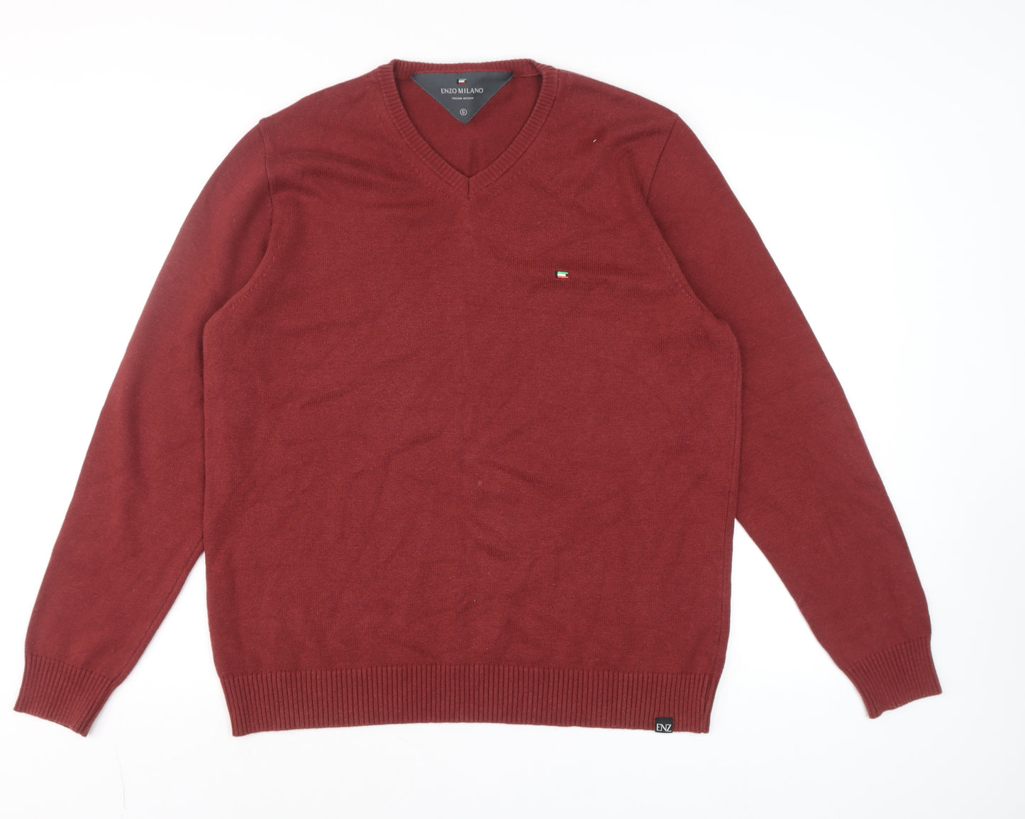 Enzo Milano Men's Red V-Neck Cotton Blend Jumper Size L