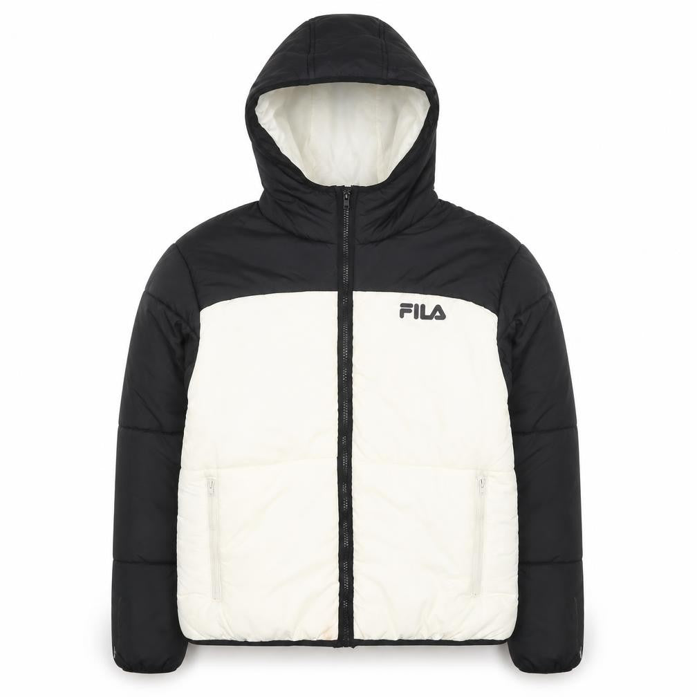Front view of Fila Men's Black Puffer Jacket L Hooded Full Zip Winter Coat