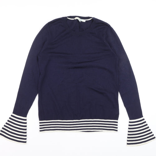Boden Women Blue Wool Knit Long Sleeve Striped Flared Cuff Jumper UK 10
