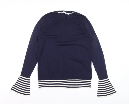 Boden Women Blue Wool Knit Long Sleeve Striped Flared Cuff Jumper UK 10